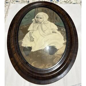 Antique Victorian Bubble Glass Oval Frame w/ Child Portrait